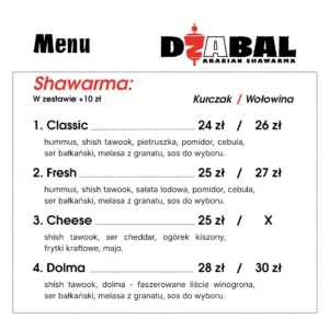 Karta menu – Dżabal Arabian Shawarma – zdjęcie 2