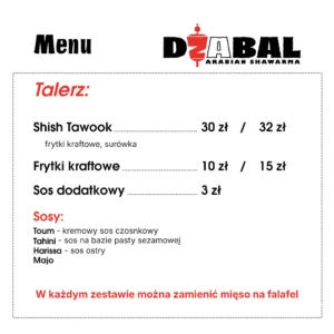Karta menu – Dżabal Arabian Shawarma – zdjęcie 1