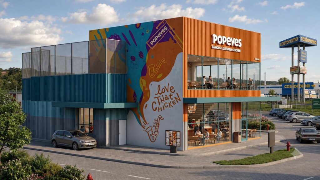 Wizualizacja restauracji Popeyes w Jeleniej Górze: piętrowy budynek z pomarańczową elewacją, muralem Love That Chicken i okienkiem drive-thru, w tle pylon Castoramy