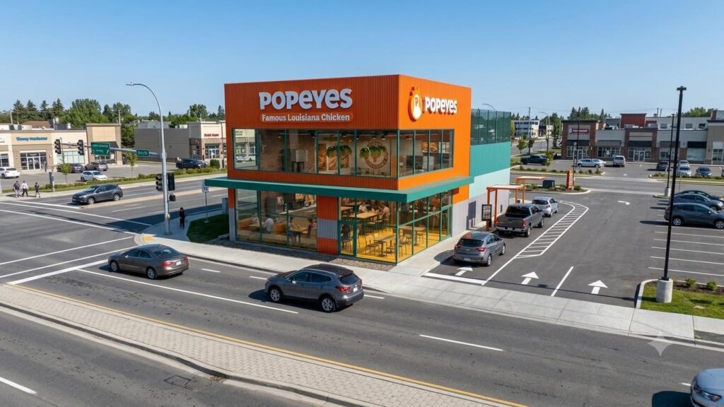Wizualizacja poglądowa restauracji Popeyes z pasem drive-thru na narożnej działce